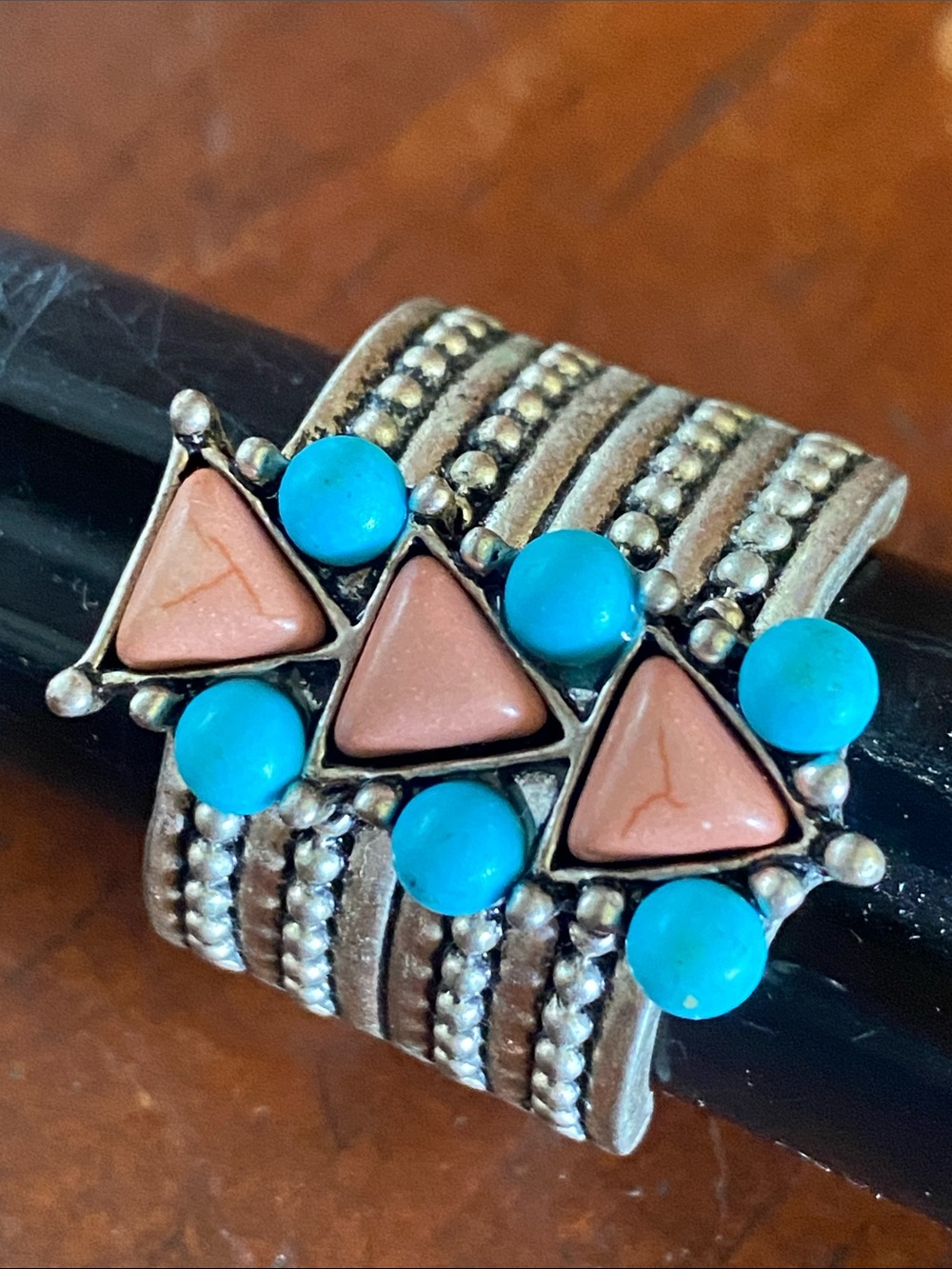 Southwestern Turquoise & Coral 🪸 color Triangle boho -Style Statement Ring